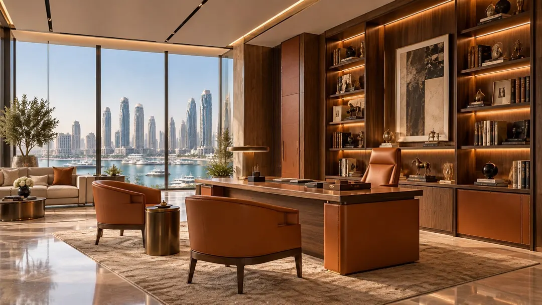 Timeless craftsmanship meets contemporary luxury. Rich walnut, cognac leather, brushed brass, and panoramic Lusail Marin — image 2 of 3