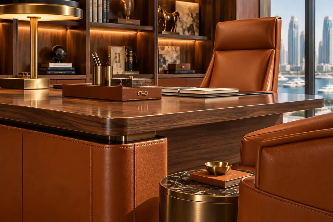 Timeless craftsmanship meets contemporary luxury. Rich walnut, cognac leather, brushed brass, and panoramic Lusail Marin — image 3 of 3
