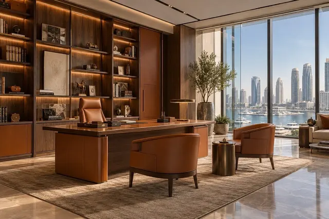 Timeless craftsmanship meets contemporary luxury. Rich walnut, cognac leather, brushed brass, and panoramic Lusail Marin